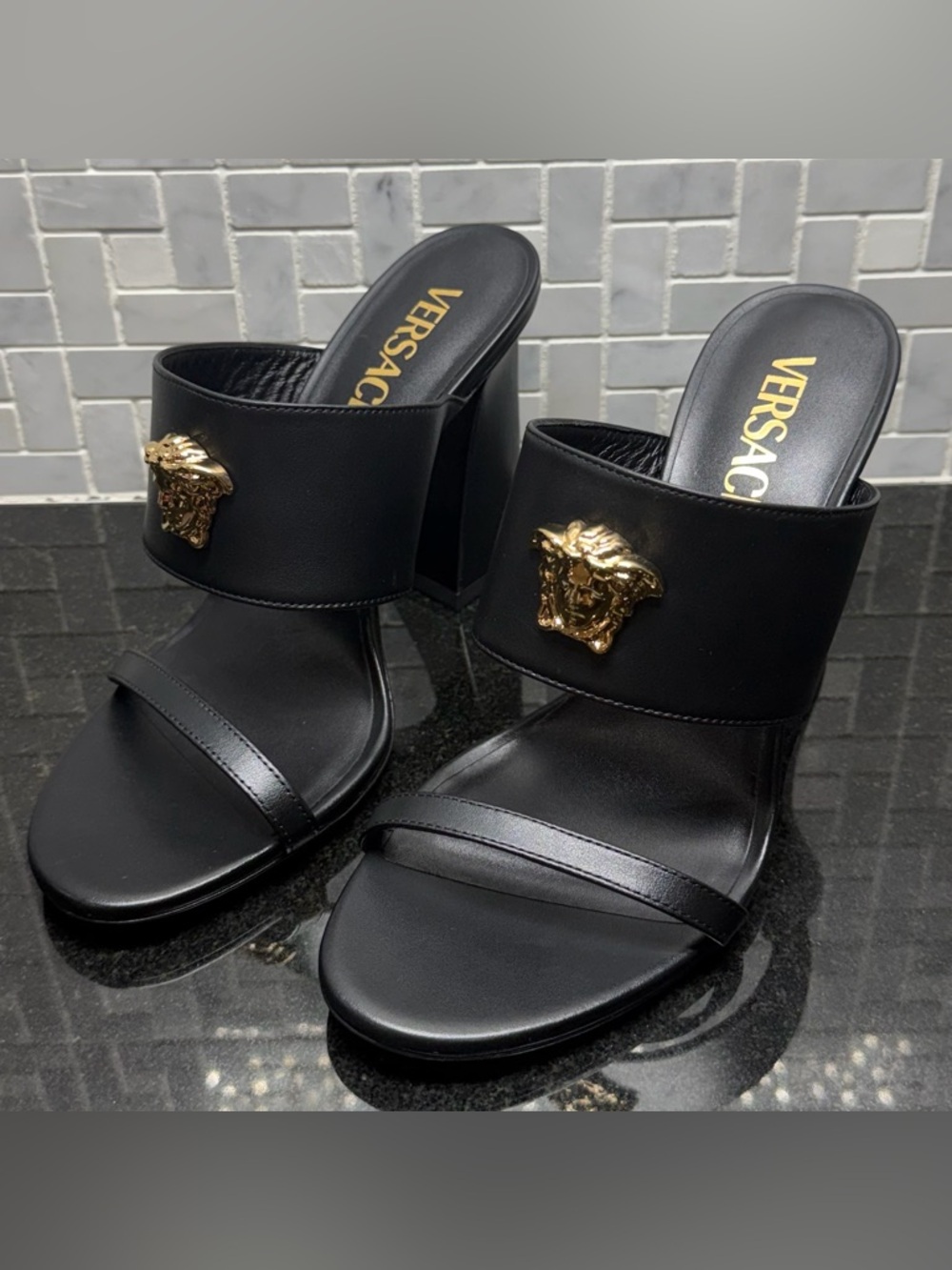 Versace Black Leather Platform Sandals Medallion Logo Slip On Women's EU 38